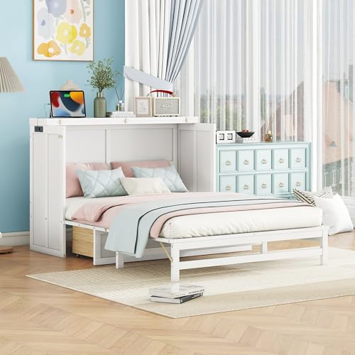 Queen Murphy Bed with Desk and Removable Shelves on Each Side, Murphy Bed Chest Murphy Bed Frame w/USB Port for Home Office, Studio or Guest Room