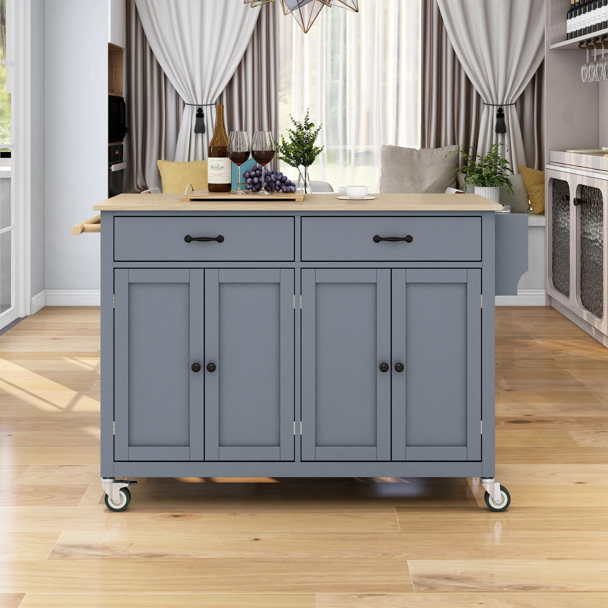 Lordear Kitchen Island Cart Cabinet with Solid Wood Top and Locking Wheels, Spice Rack and Towel Rack Grey - Radiant Selections