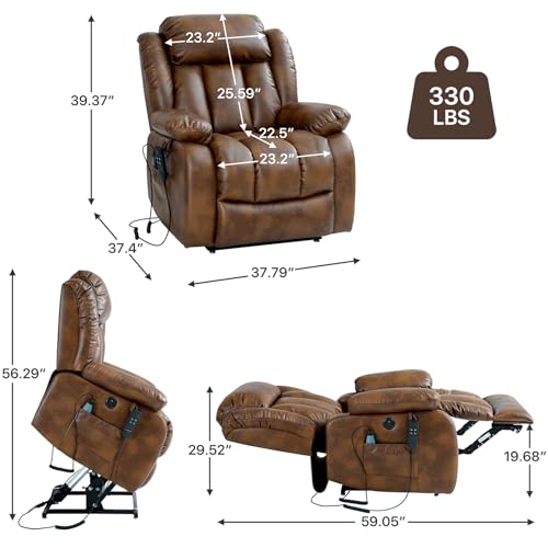 EDILLY Large Genuine Leather Power Lift Recliner Chairs for Elderly, Dual Motor with Massage and Heating,Double Lumbar Cushion and Extended Footrest
