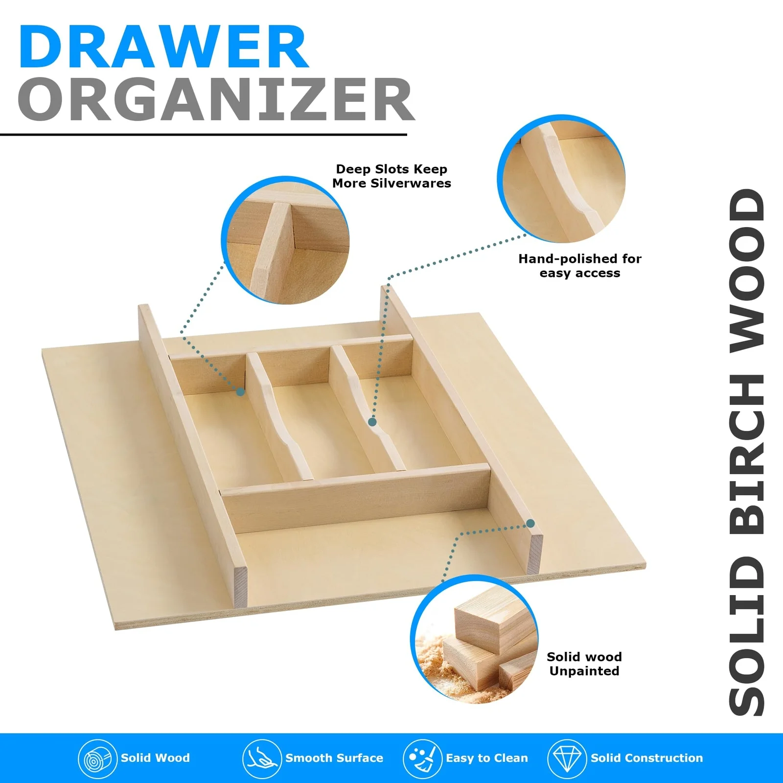 7 Slot 20x19Utensil/Tool/Junk Drawer Organizer Tray w/Divider (Natural Wood)