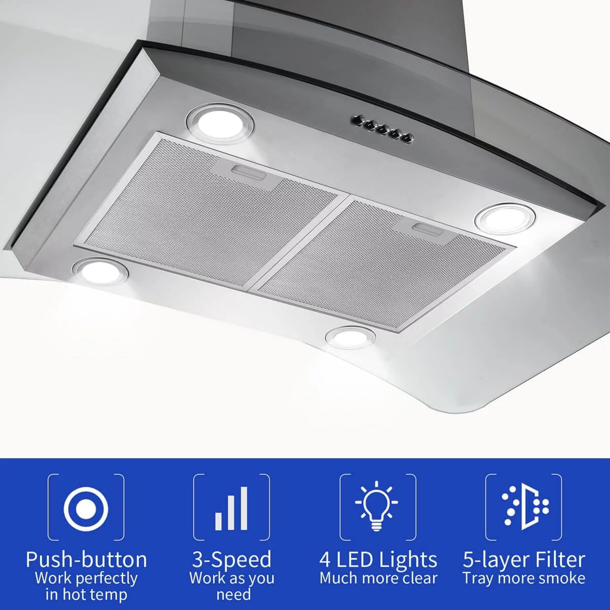 Tieasy Island Range Hood 36 inch Kitchen 3 Speed Extractor Fan Aluminum Filter Tempered Glass