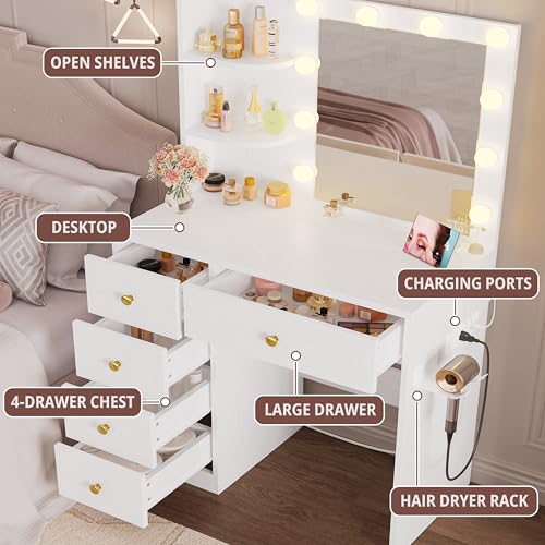 IRONCK Vanity Desk with Mirror and Lights, Small Makeup Vanity Table with 5 Drawers, Power Outlet, and Vanity Stool, 3 Lighting Colors