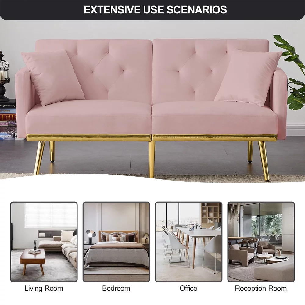 Pink Velvet Futon Couch, Folding Sleeper Sofa, Sofa Couch Bed with 2 Pillows, Modern Upholstered Loveseat Sofa with Gold Metal Legs