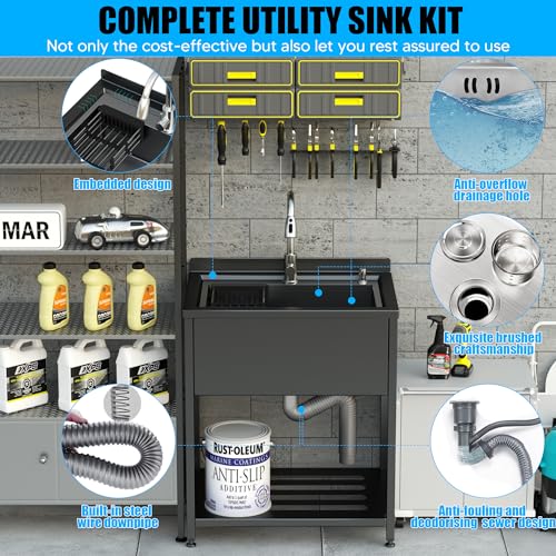 Stainless Steel Utility Sink, 30.8" × 22" × 39.5"Freestanding Sink with Cold and Hot Water Faucet,Hoses and Drain Kit for Kitchens, Bathrooms, Garage