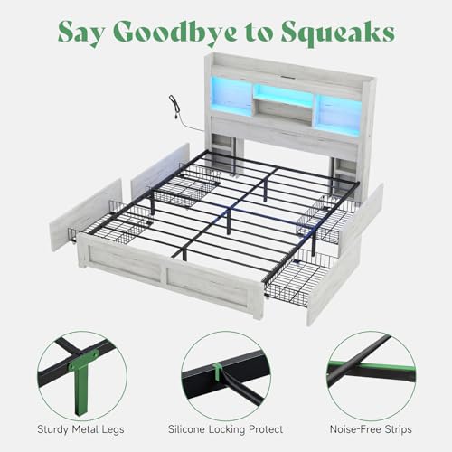 AMERLIFE Queen Bed Frame with 4 Storage Drawers, LED Platform Bed with 49" Bookcase Headboard