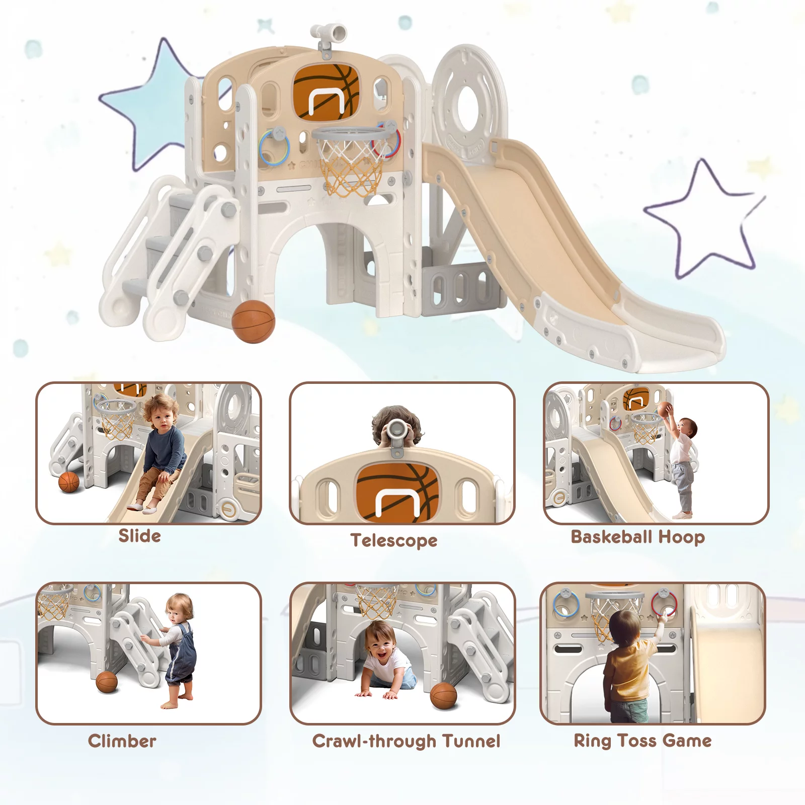 KORIMEFA 7-in-1 Kids Slide with Climber, Toddler Climber Slide Play Set with Basketball Hoop, Tunnel, Telescope and Storage Space