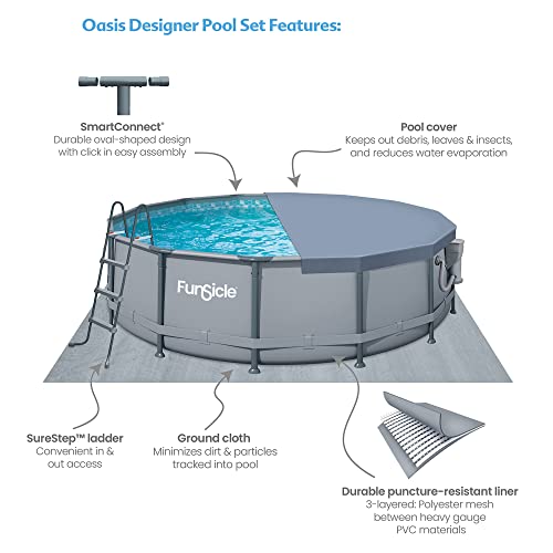 Funsicle 14' x 42" Oasis Designer Round Frame Above Ground Outdoor Swimming Pool Set with SkimmerPlus Filter Pump, Ladder, and Pool Cover, Gray