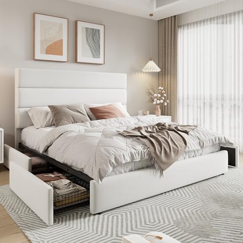 Allewie Modern Full Size Platform Bed Frame with 4 Storage Drawers and Velvet Upholstered Headboard, Wooden Slats Support
