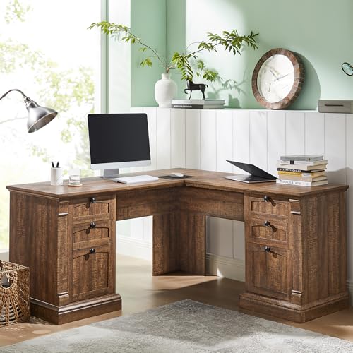 OKD 60" Executive Desk with Drawers, Farmhouse Home Office Desk with Charging Station, Keyboard Tray, File Cabinet Storage