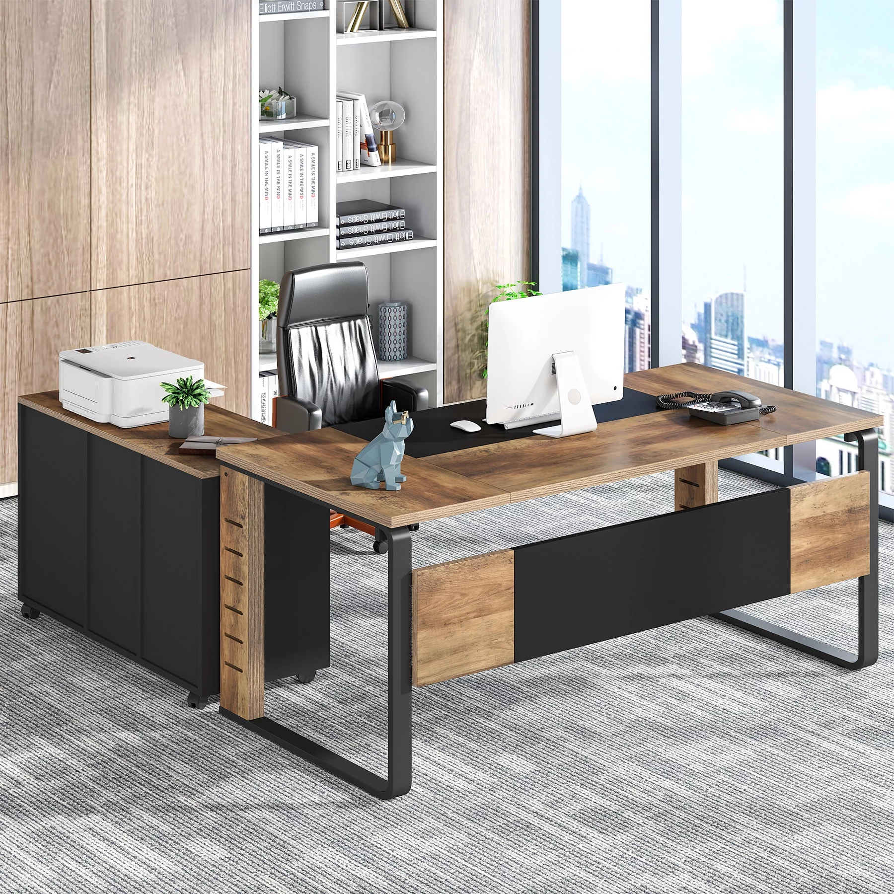 Tribesigns 59 inch Large L-Shaped Computer Desk, Executive Office Desk with File Cabinet, Brown