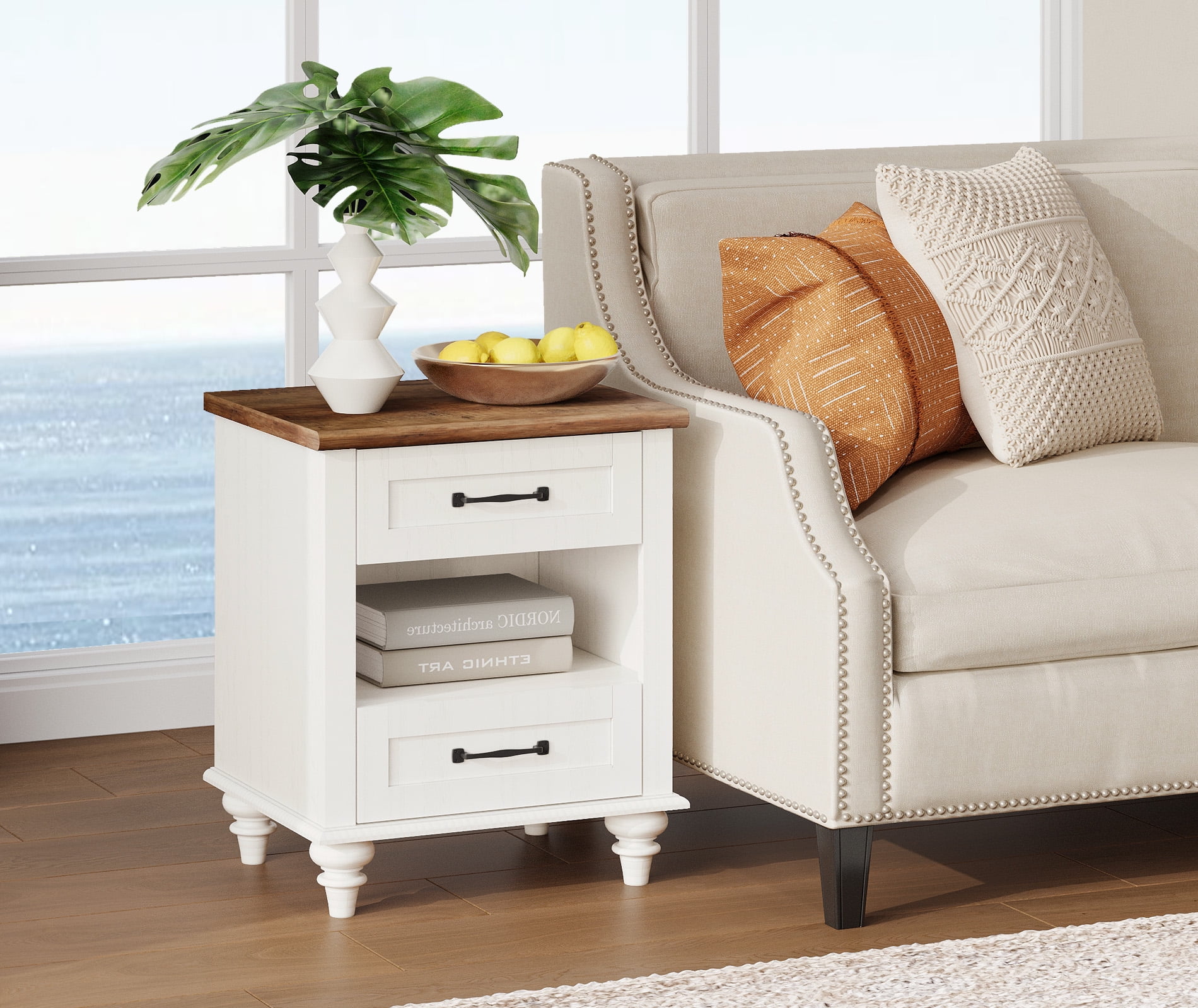 Nightstand Set of 2 with Charging Station Farmhouse Wooden End Table Sofa Side Table with 2 drawers for Bedroom Living Room, White