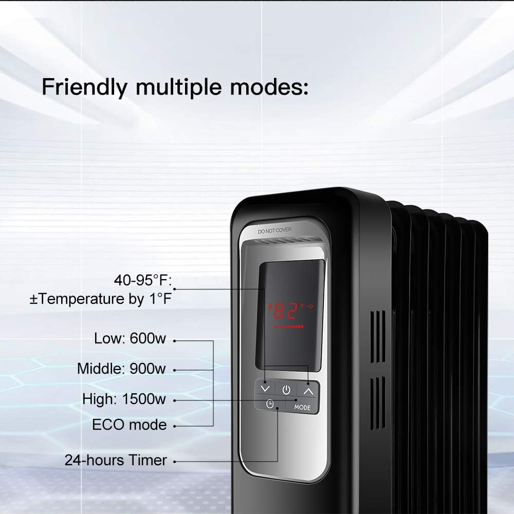 Space Heater, KopBeau 1500W Oil Filled Radiator Electric Heater with Digital Thermostat, 24 Hrs Timer & Remote, Portable Heater for Full Room Indoor