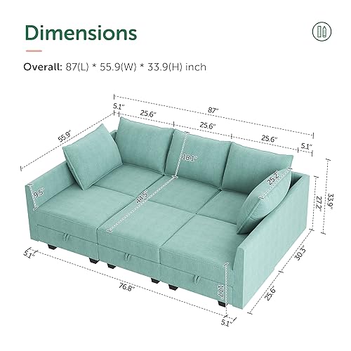 HONBAY Modular Sofa Sectional Sleeper Couch with Ottomans Reversible Sleeper Sectional Sofa Modular Couch with Storage, Aqua Blue