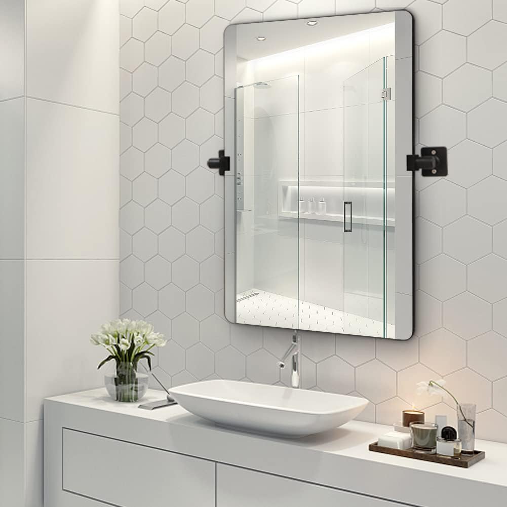 FOMAYKO 22" x 30" Black Aluminum Alloy Frame Pivot Rectangle Bathroom Mirror Tilting Rounded Corner Rectangular Vanity Mirror for Wall Decor