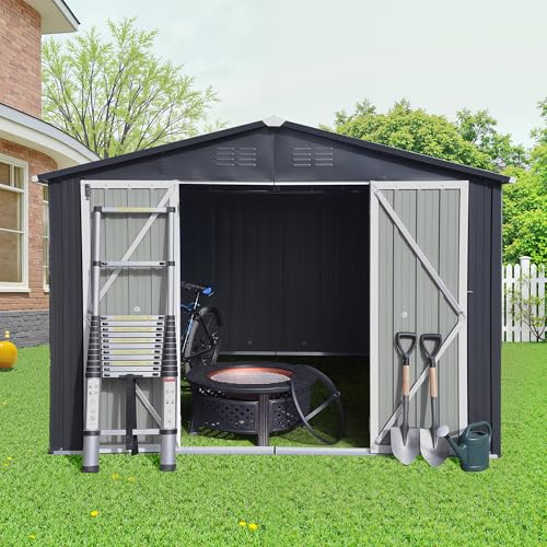 8x6 FT Outdoor Storage Shed, Metal Tool Shed with Lockable Doors, Peaked Roof & Frame Floor