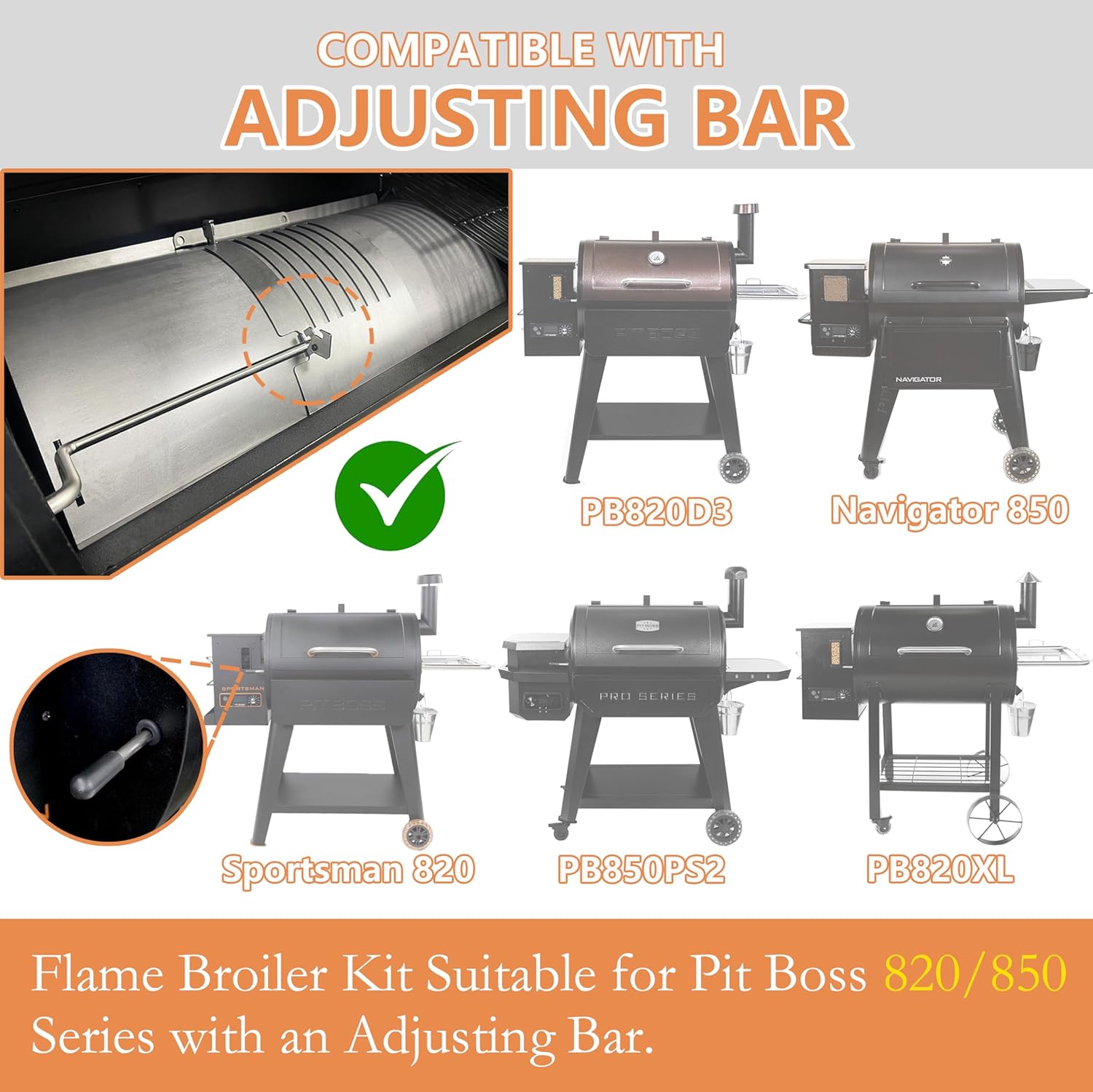 Flame Broiler Kit for Pit Boss Pellet Grills in PB820, PB850 Series with Flame Broiler Adjusting Bar - Includes Slide Cover and Bottom Kit