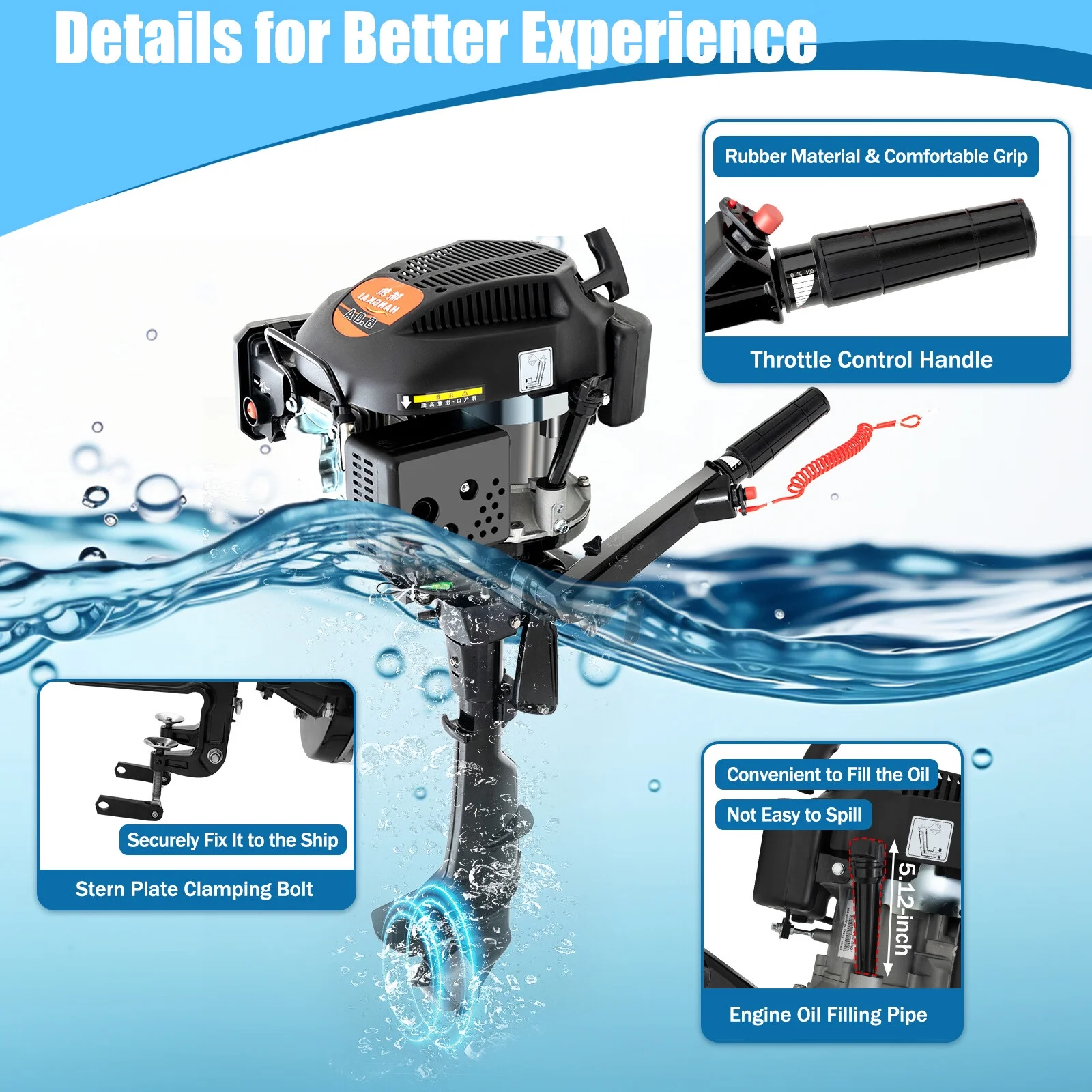 Loyalheartdy 6 HP 4 Stroke Outboard Motor 3.75KW Heavy Duty Boat Engine w/Single Cylinder Air Cooling System Tiller Control 15Km/h