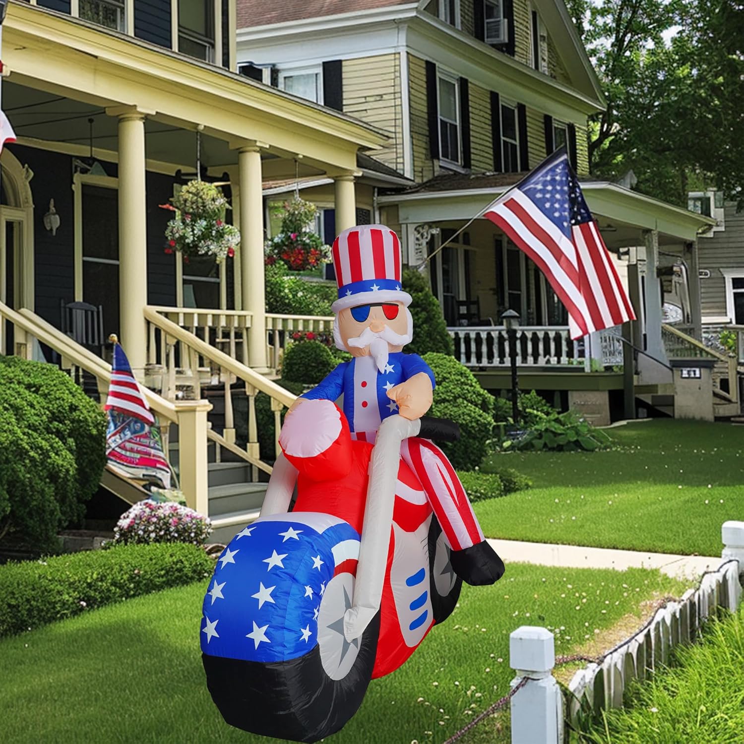 Dazzle Bright 4th of July Inflatable Decorations, 6FT Uncle Sam on Motorcycle Pre-Lit LED Independence Day Decor