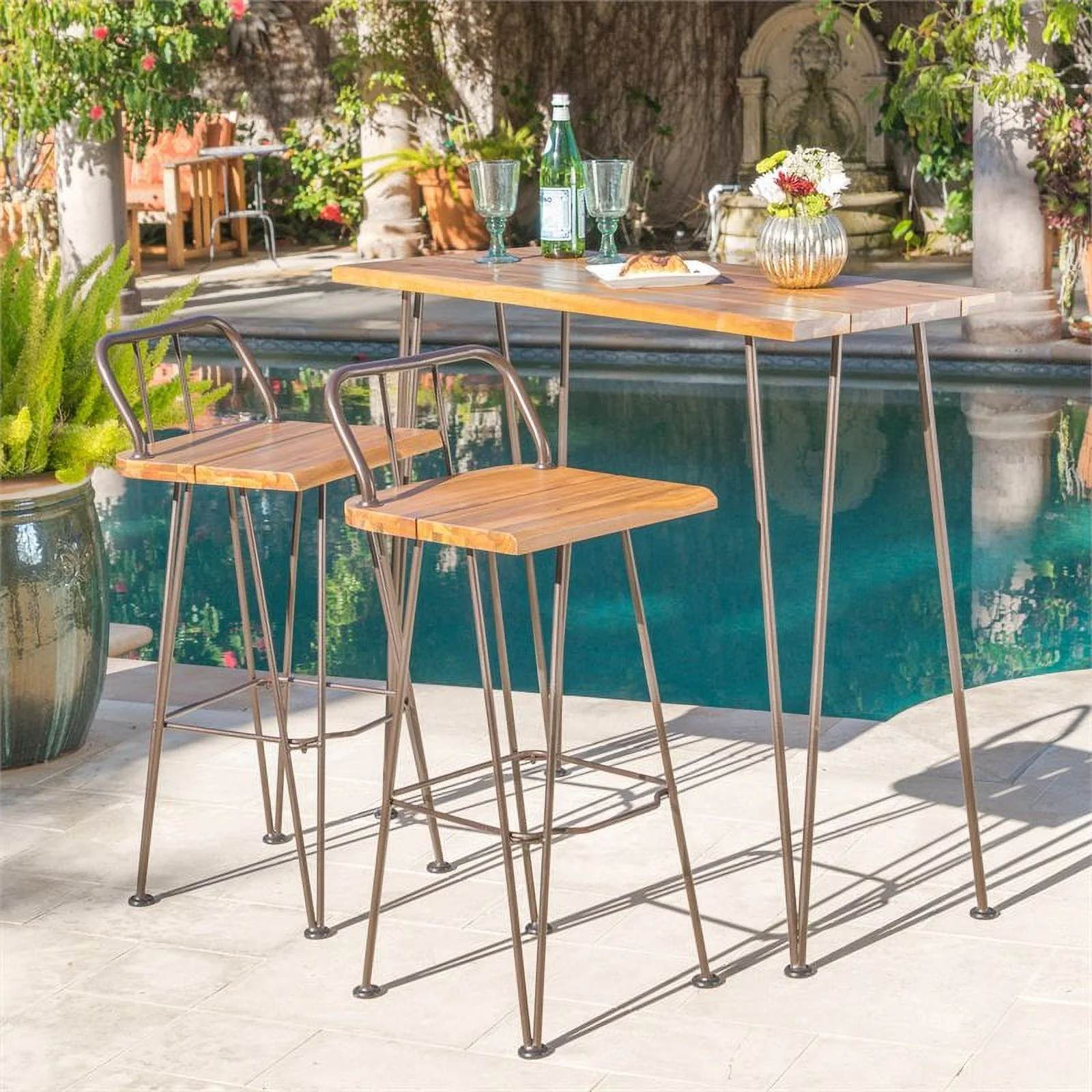 Noble House Denali Outdoor Teaked Acacia Wood Bar Set with Metal Iron Frame