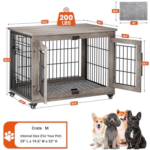 Lulive Dog Crate Furniture for Medium Dogs, 32'' Dog Kennel Indoor with Cushion & Wheels Wooden Dog Cage Double Doors Dog Crate End Table, Grey