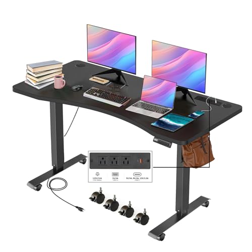 Electric Standing Adjustable Height Desk 55'' x 24''Sit Stand Desk with Charging Station, 2 USB Ports, 3 Power Outlets, 4 Caster