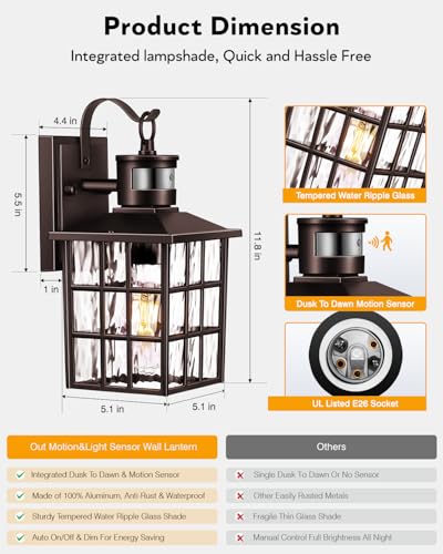 VIANIS 2 Pack Motion Sensor Outdoor Lights, Oil Rubbed Bronze Dusk to Dawn Wall Lights Lantern, 100% Aluminum Coach Exterior Lights Sconce for Patio