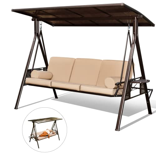 YOLENY Oversized Outdoor Porch Swing with Hardtop, 3 Seat Patio Swing with 2 Side Cup Holder, 3-in-1 Convertible Backrest Swing Bed with Cushion