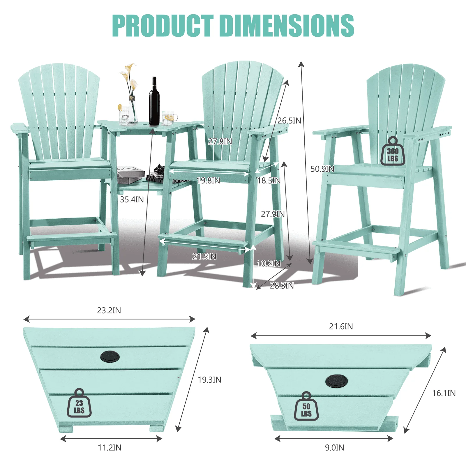 Tall Adirondack Chairs Set of 2 .Outdoor Adirondack Barstools with Double Connecting Tray Patio Stools Weather Resistant for Outdoor Deck Lawn Pool