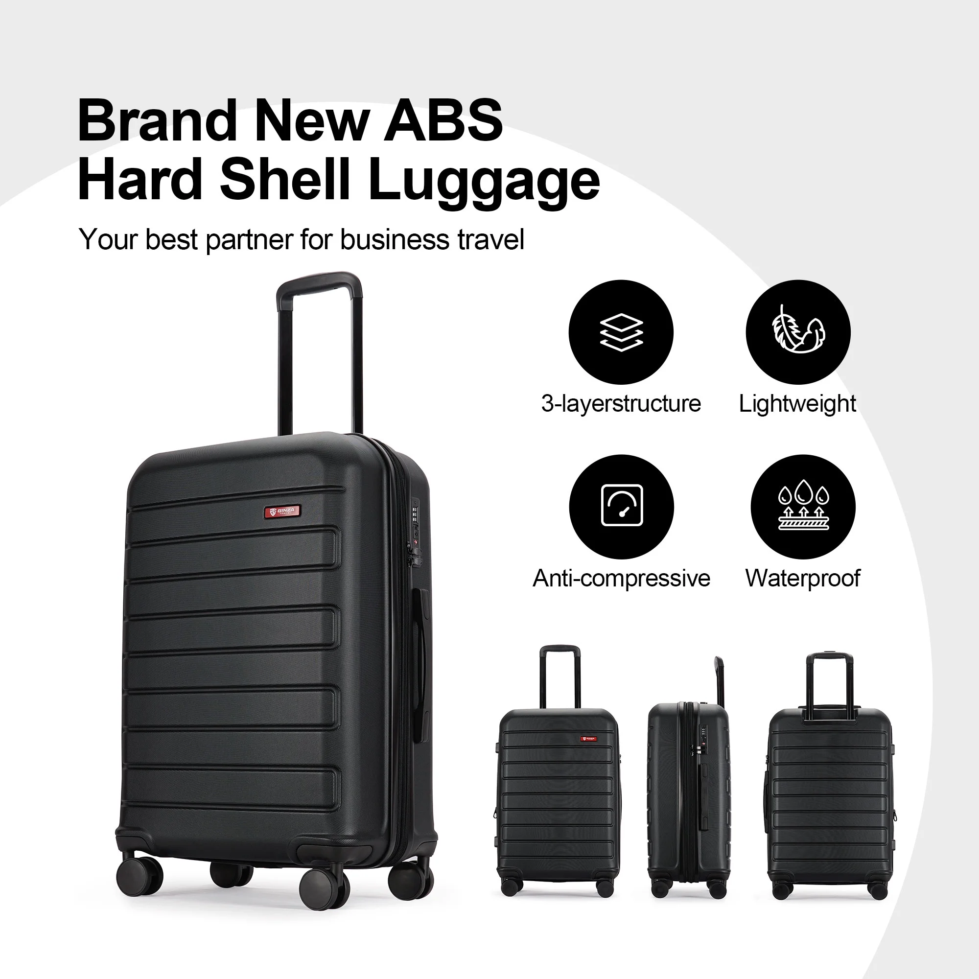 GinzaTravel 3 Piece Expandable Luggage Sets,Large Hard Side Suitcase with Wheels&TSA Lock,Black