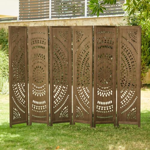 66.9Inch Folding Room Divider, 6 Panels Wood Carved Privacy Screens