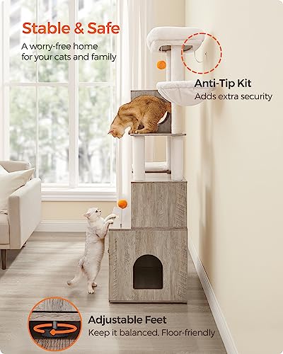 Feandrea Cat Tree with Litter Box Enclosure, 2-in-1 Modern Cat Tower, 70.8-Inch Tall Cat Condo with Scratching Posts, Perch, Caves, Basket