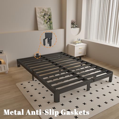 Full Size Bed Frame 16 Inch Black, Metal Platform Full Bed Frame with Baffles, No Box Spring Needed, Heavy Duty Steel Supprt, Rounded Corner Design