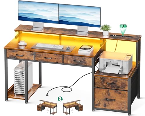 AODK 55 Inch Computer Desk with 3 Drawers and File Cabinet for Storage, Office Desk with Monitor Stand and LED Lights, Home Office Desks, Black