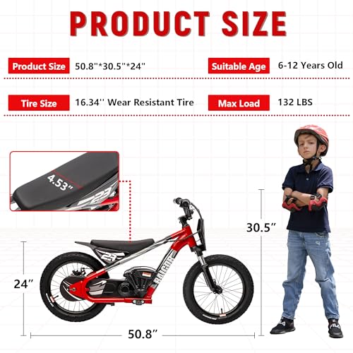 wanan Electric Dirt Bike for Kids 6-12 with Shock-Absorbing Front Fork, 250W Electric Motorcycle Up to 15.5MPH, 24V Detachable Battery, 16''