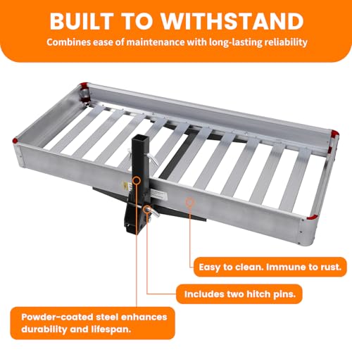 MaxxHaul 50149 500-lb Capacity 50 inch x 22 inch Hitch Mount Premium Folding Aluminum Cargo Carrier Rack Basket with High Side Rails and Reflector