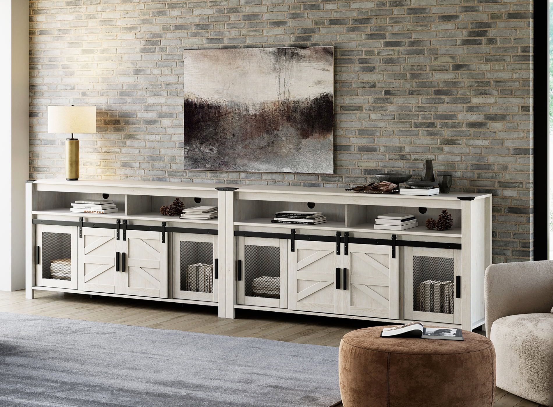2-in-1 Farmhouse TV Stands for 100+ Inch TV, Antique White 118" Wooden Entertainment Center with Mesh and Barn Doors