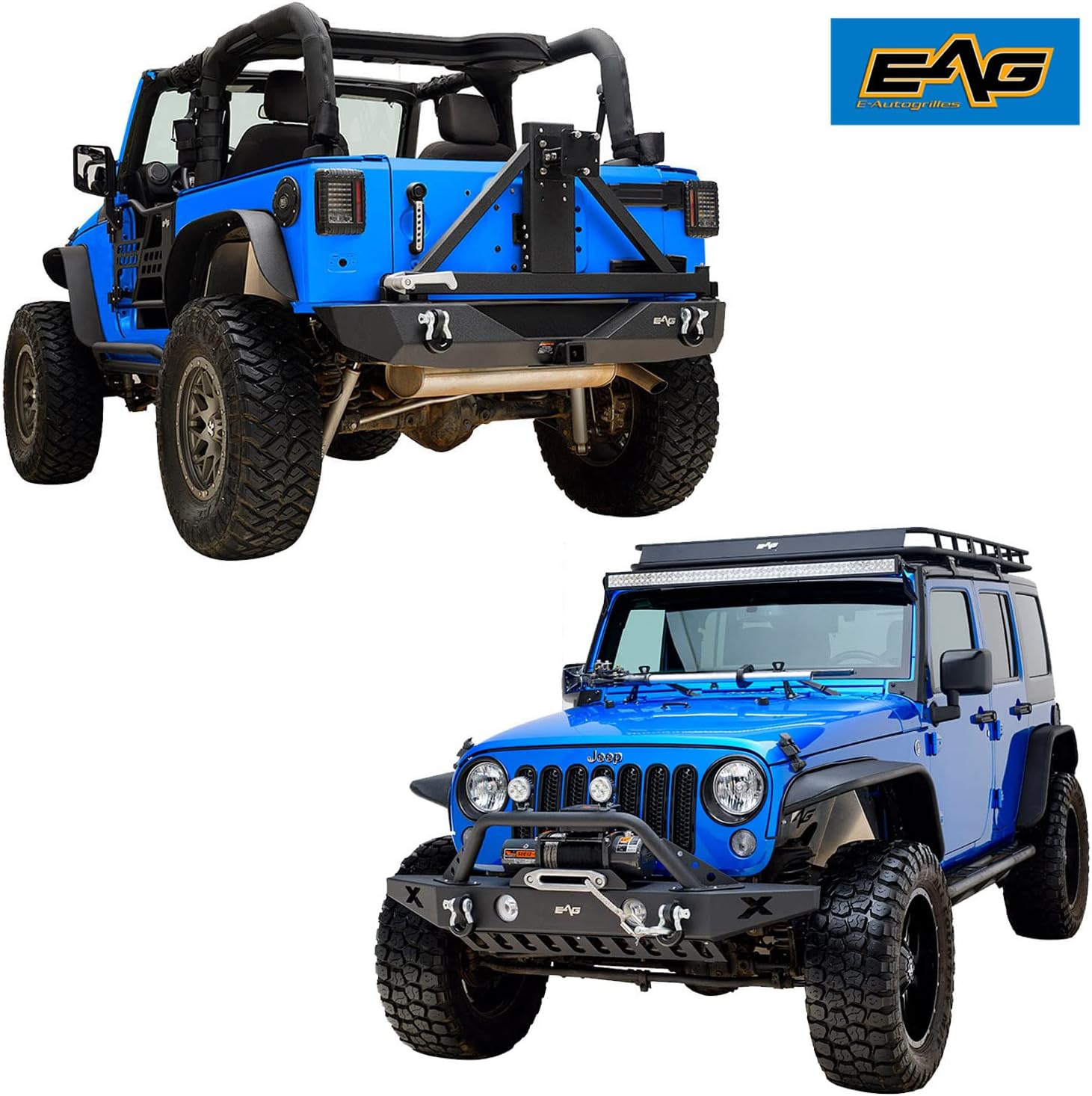 EAG Front Bumper and Rear Bumper Combo with Skid Plate & Tire Cattierfit for 07-18 Wrangler JK