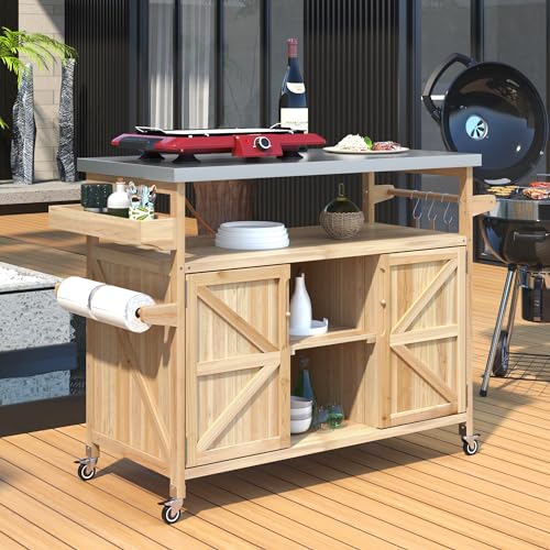 Farmhouse Kitchen Island with Power Outlet, Drop Leaf, Spice Rack and Drawer,Rolling Kitchen Cart on Wheels