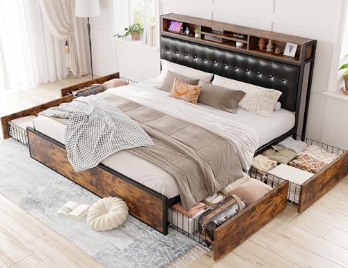 EnHomee Queen Bed Frame with 4 Drawers Bed Frame Queen Size with Headboard Loads 1100LBS Upholstered Queen Size Bed Frame with Charging Station