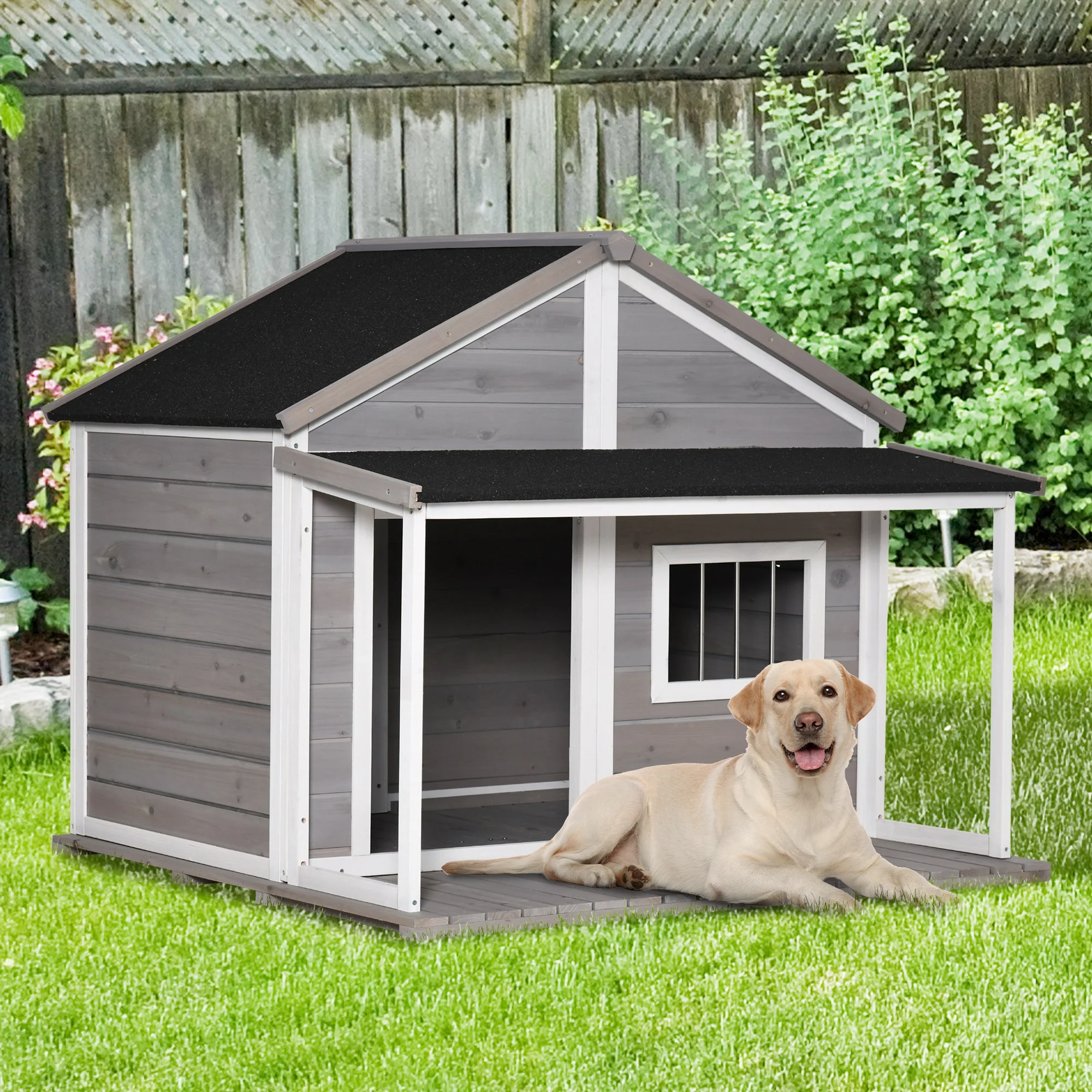 PawHut Outdoor Dog House Cabin Style, Wooden Raised Pet Kennel with Asphalt Roof, Front Door, Side Window, Porch for Medium/Large Dogs