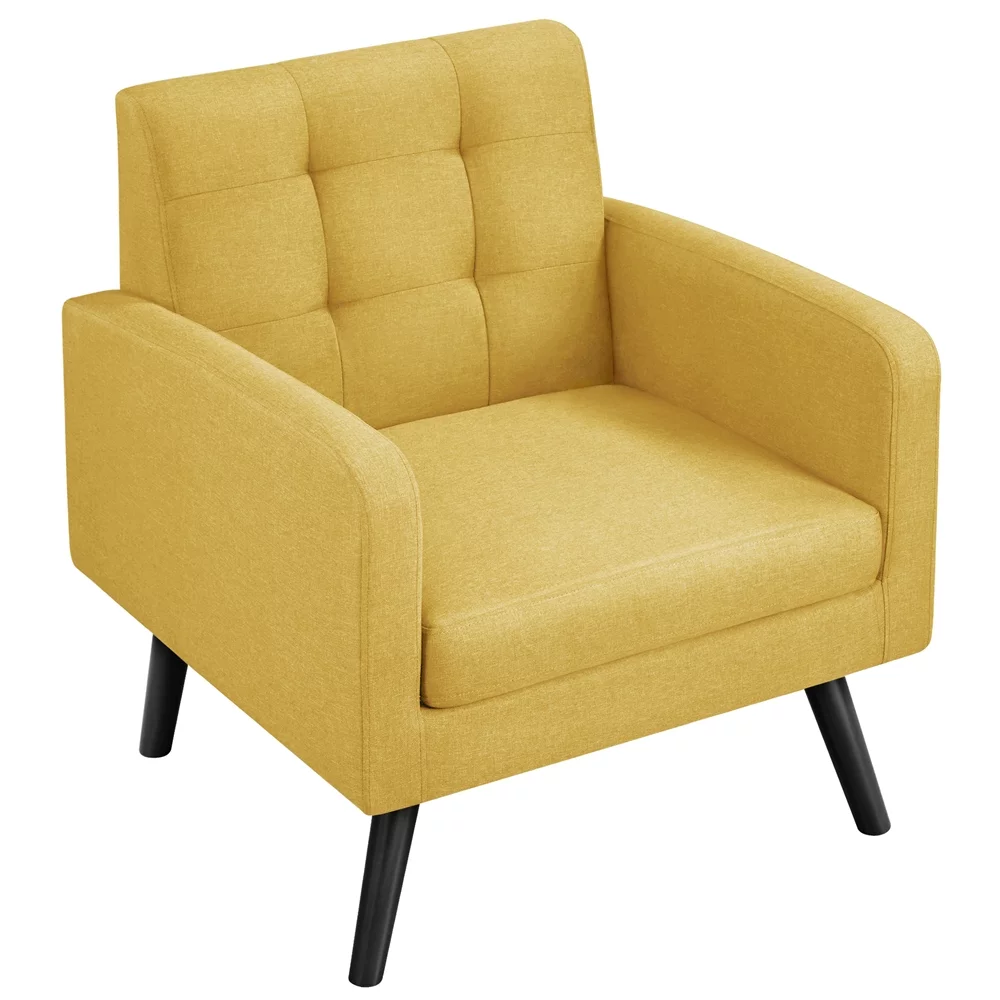 Yaheetech 2pcs Mid Century Fabric Arm Chair Tufted Accent Chair with Wooden Leg, Yellow