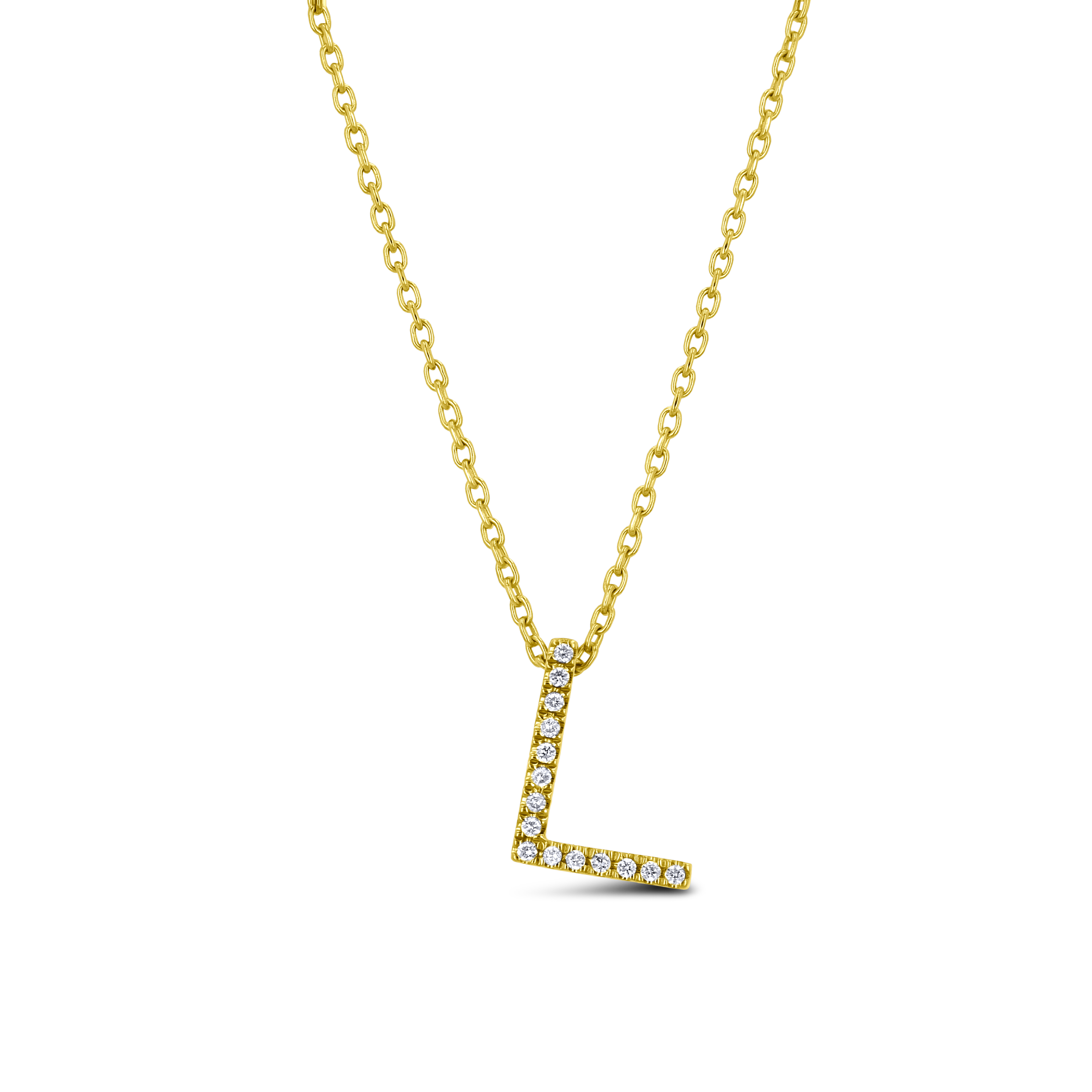 14K Solid Yellow Gold Diamond 'L' Initial Letter Pendant Necklace