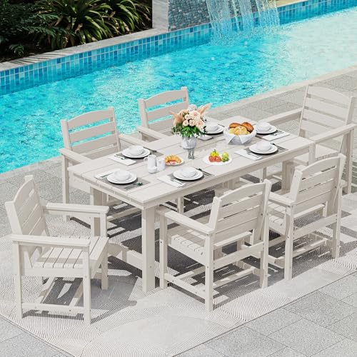 SERWALL Outdoor HDPE Dining Table Set, 7-Piece Outdoor Dining Table Sets with Umbrella Hole Cut-Out Table and 6 Chairs, Gray