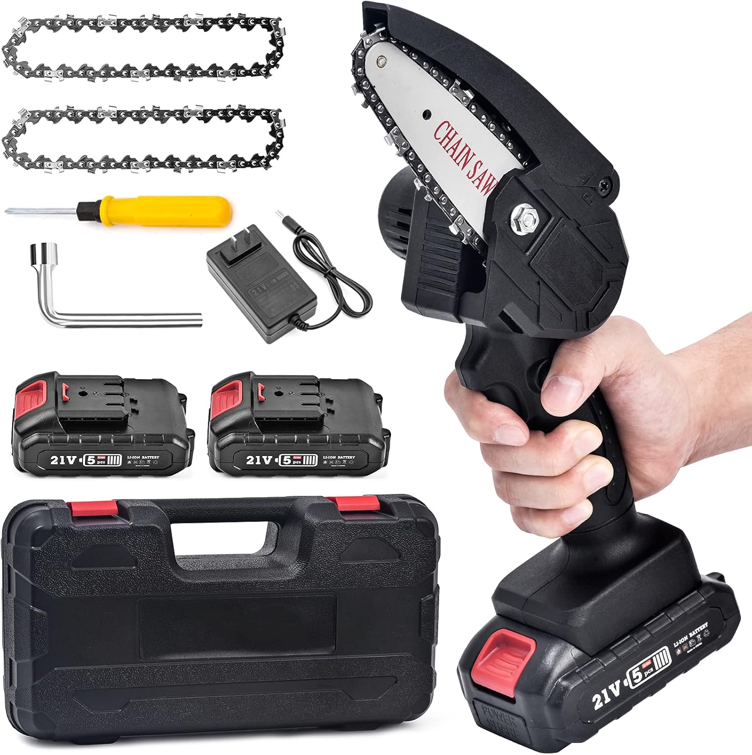 Mini Chainsaw with charger, 2 Batteries, 2Pcs Chains & Tool Case, Cordless Electric Portable Chainsaw Battery Operated