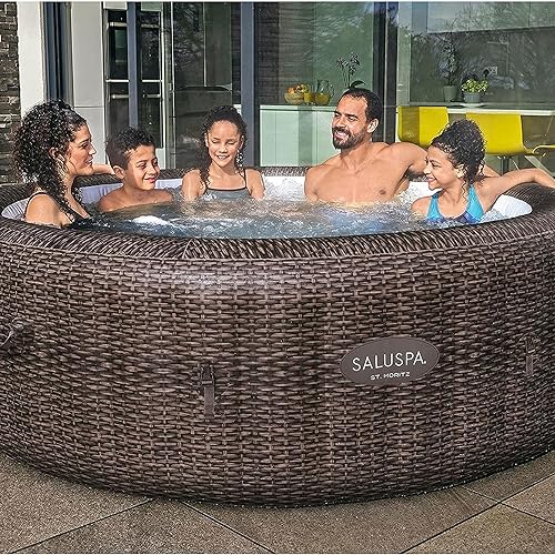 Bestway SaluSpa St Moritz Large Round AirJet 7 Person Inflatable Hot Tub Portable Outdoor Spa with 180 Soothing AirJets and Cover, Brown