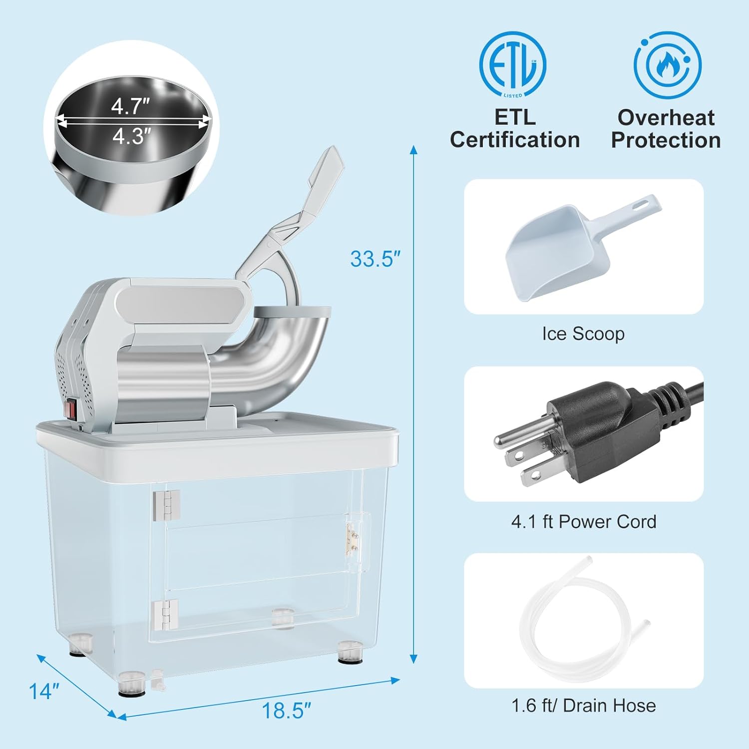 120V Commercial Shaved Ice Machine 660 LBS/H, ETL Approved 300W Snow Cone Machine with Dual Blades, Safety On/Off Switch, Electric Ice Crusher