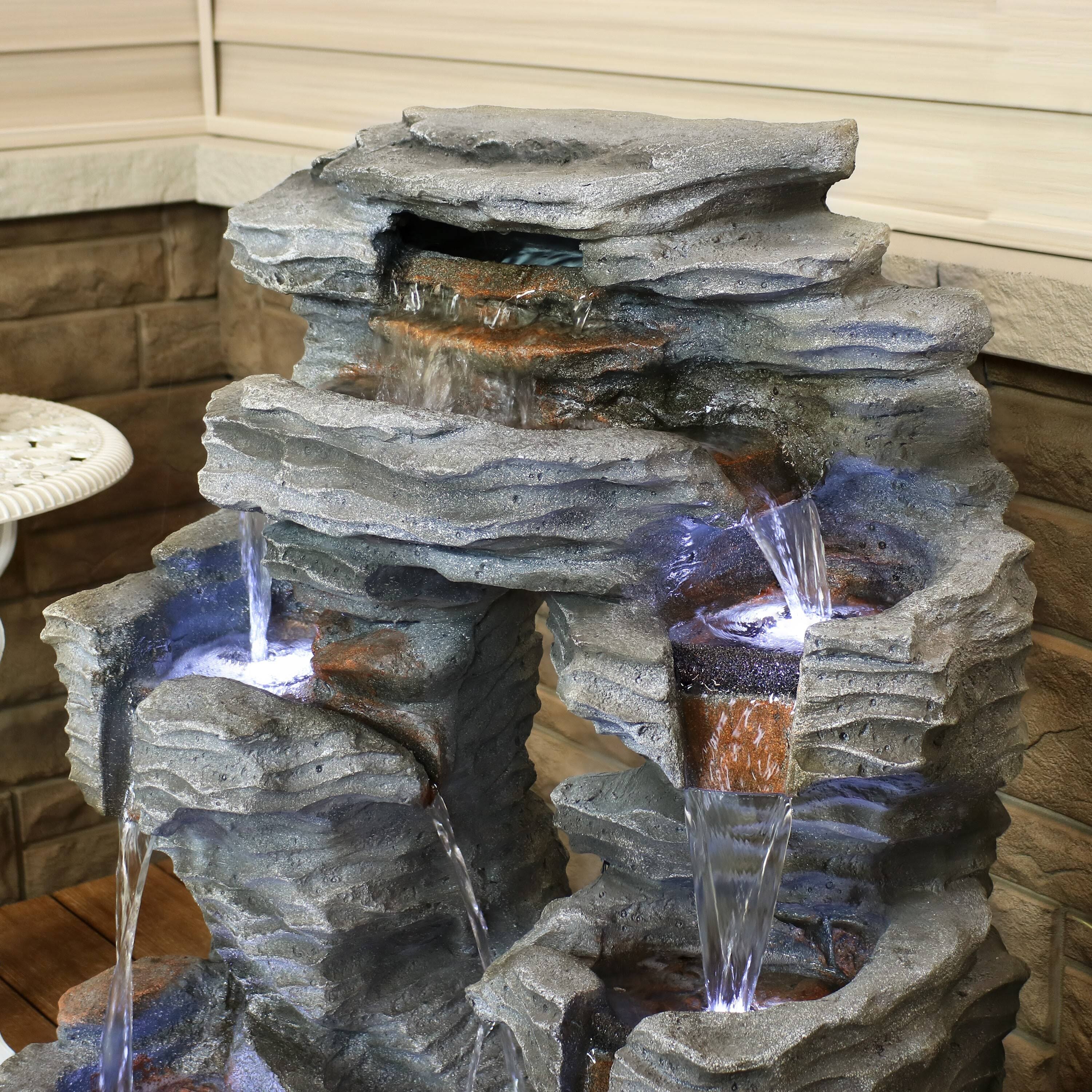 Sunnydaze Decor Dual Cascading Rock Falls 39x22 Water Fountain with LED Lights