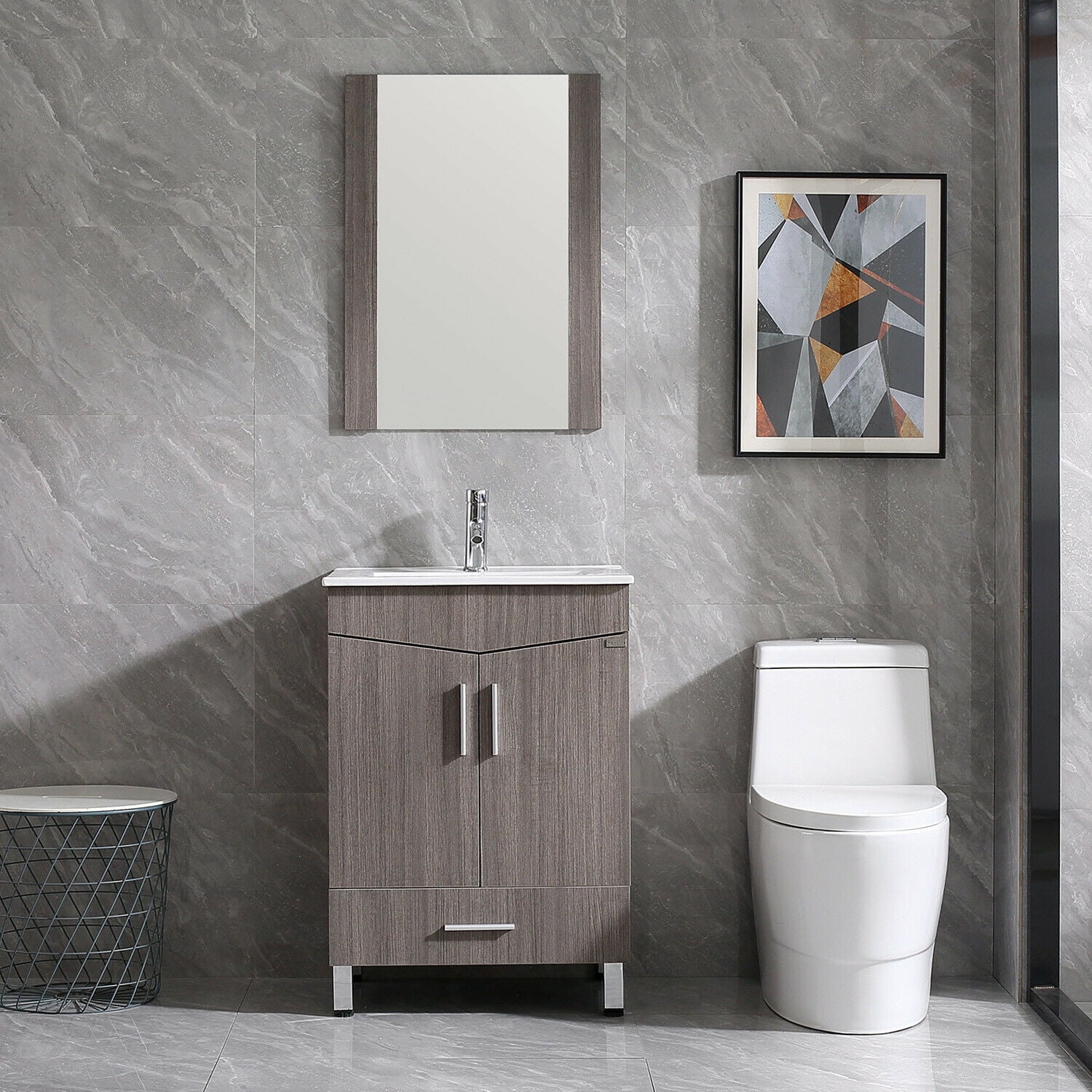 Wonline 36" Bathroom Vanity in Light Brown with Ceramic Base with Sink Faucet Drawers Wood Bath Cabinet Nordic Style