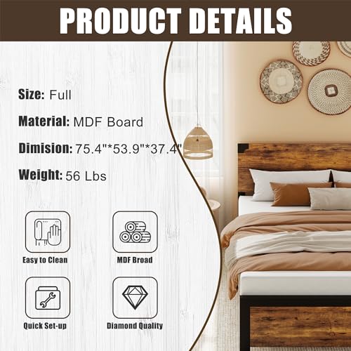 GAOMON Full Bed Frame, Platform Full Size Bed Frame with Wood Headboard, Metal Full Bed Frame with Under Bed Storage and Support Legs, Noise Free