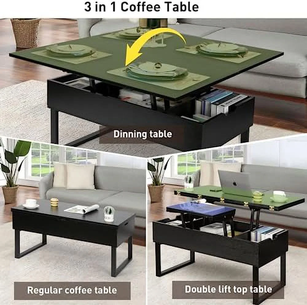 RUNFAYBIU Lift Top Coffee Table  4 in 1 Multi-  with  for Living Room  Modern Lift Dining Table with Shelves for Dining Reception Room  Rustic Brown